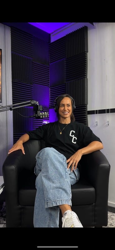 A person sitting in podcast telling her story and Cortez Support on Mental Health Advocacy